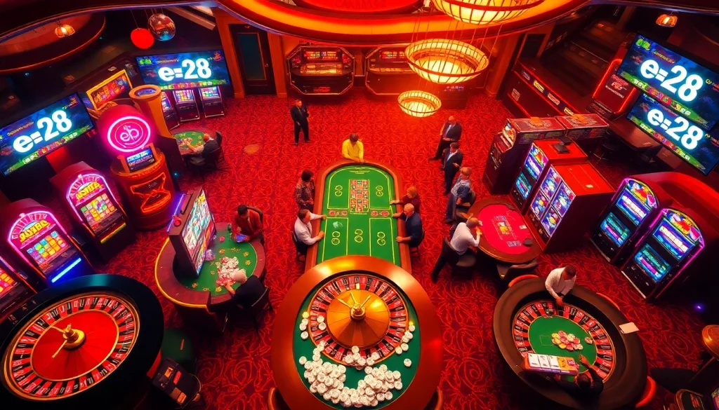 e28 enhances thrill at a bustling casino with poker tables, slot machines, and vibrant gaming action.