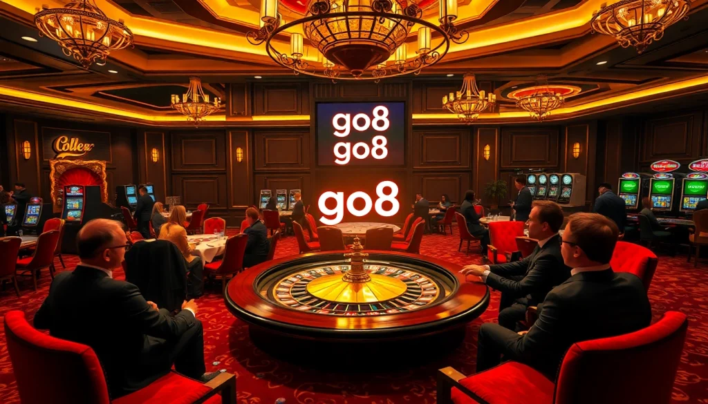 The go8 casino scene illustrating a vibrant roulette game surrounded by excited players in a lavish setting.