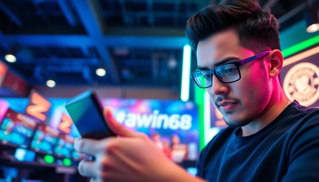 Engaged player using the awin68 app on a tablet in a vibrant gaming environment.