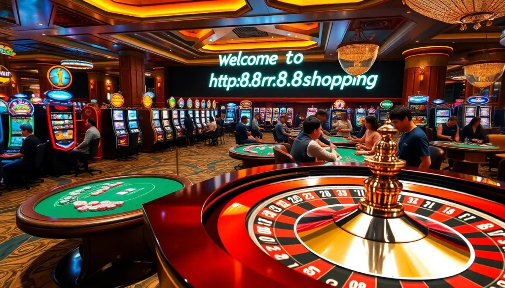 Exciting casino scene showcasing players at slot machines and poker tables with the vibrant backdrop of https://rr88.shopping/.