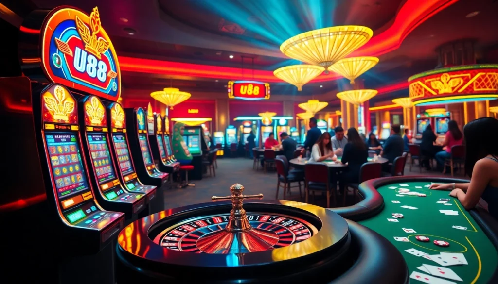 Action-packed scene with U88 casino players enjoying slot machines and poker tables.