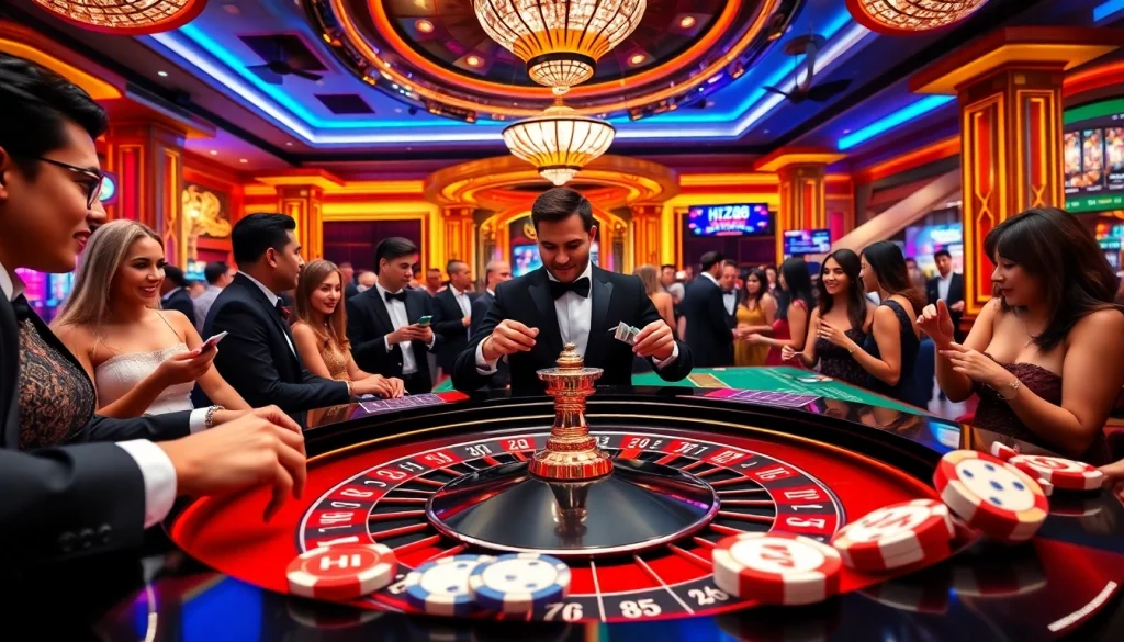 HZ88-themed roulette table in a vibrant casino atmosphere with engaging players and luxurious decor.
