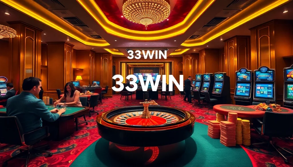 Experience the thrill of gambling at 33WIN casino with players at roulette and poker tables.