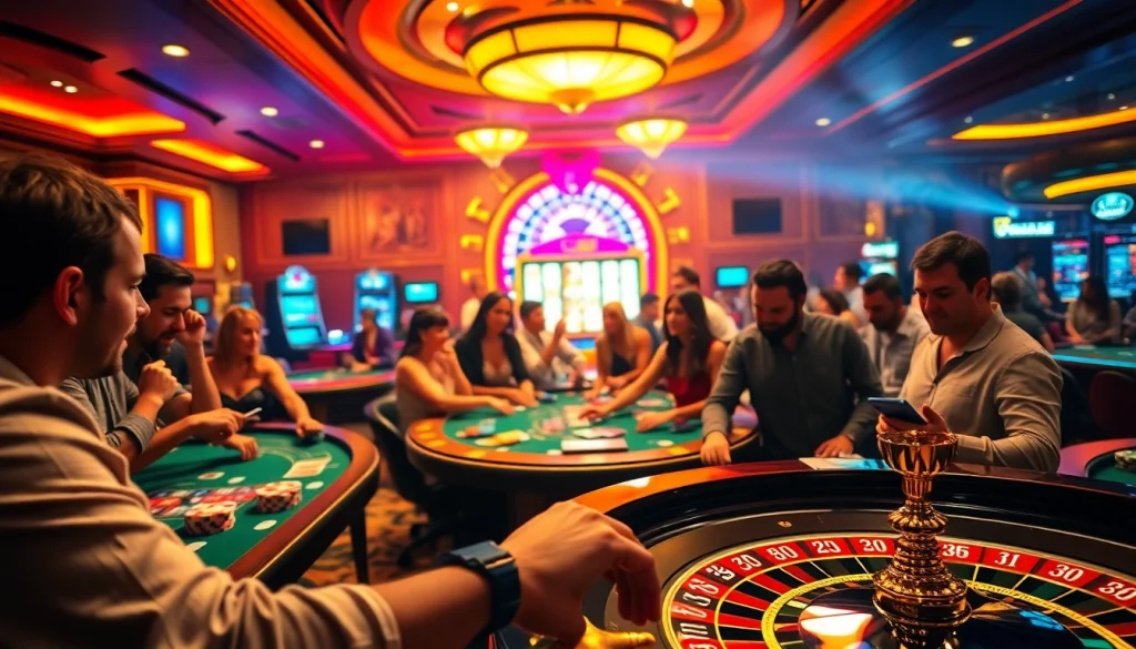 Exciting gaming action at an OKVIP casino, showcasing diverse players at roulette and poker tables.
