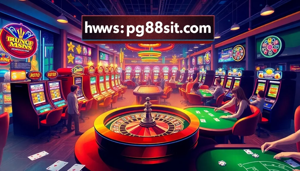 Casino floor showcasing vibrant slot machines and roulette tables at https://pg88s.it.com/, inviting players to experience thrilling gaming.