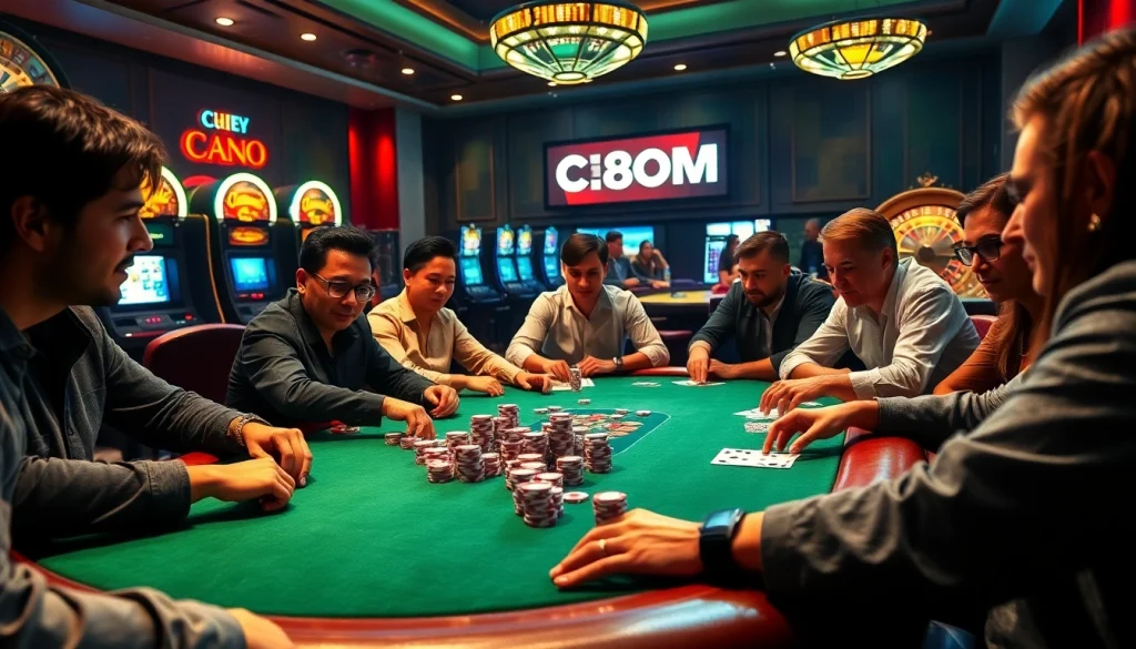 C168 COM brings players into an intense poker game at a vibrant casino table filled with chips and cards.