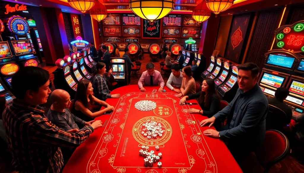 Lô đề game at a bustling casino, players placing bets with poker chips.